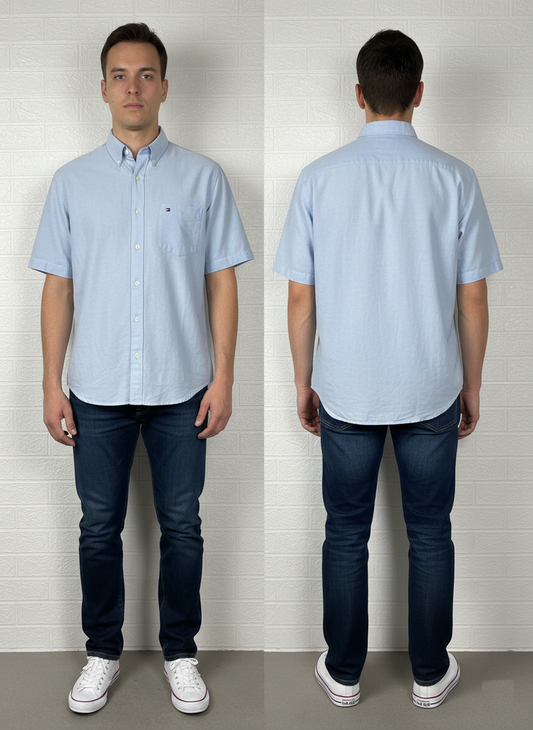 Tommy Hilfiger Men’s Half Sleeve Shirt – Light Blue, 3XL, Cotton Casual Wear