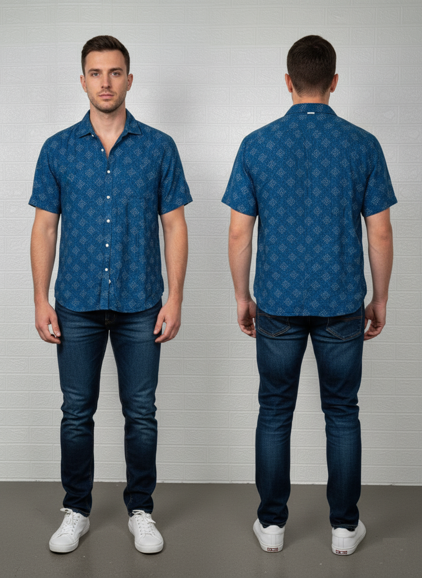 Topman Men’s Casual Shirt XL – Blue Printed Short Sleeve Summer Beachwear