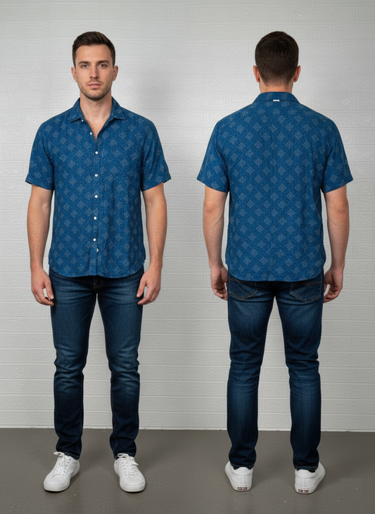 Topman Men’s Casual Shirt XL – Blue Printed Short Sleeve Summer Beachwear