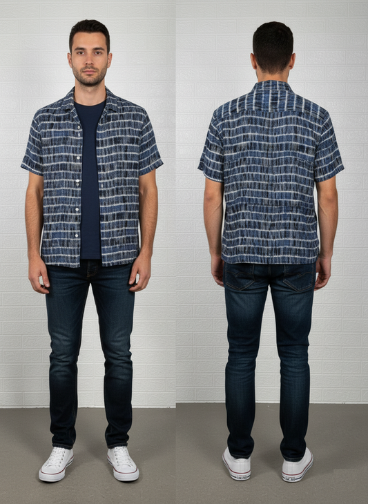 Topman Men’s Shirt – Blue Printed Short Sleeve Size Medium