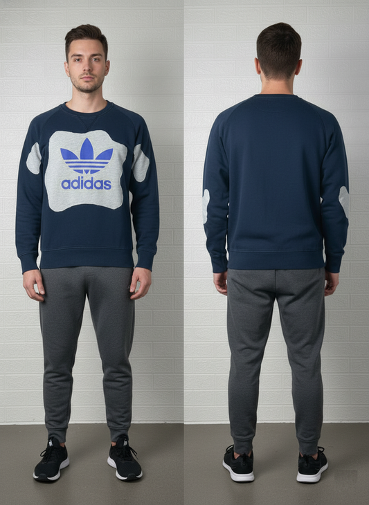 Upcycled Adidas Sweatshirt | Navy Blue & Grey Patchwork Crewneck | Reworked Vintage Sportswear | Unisex Sustainable Streetwear