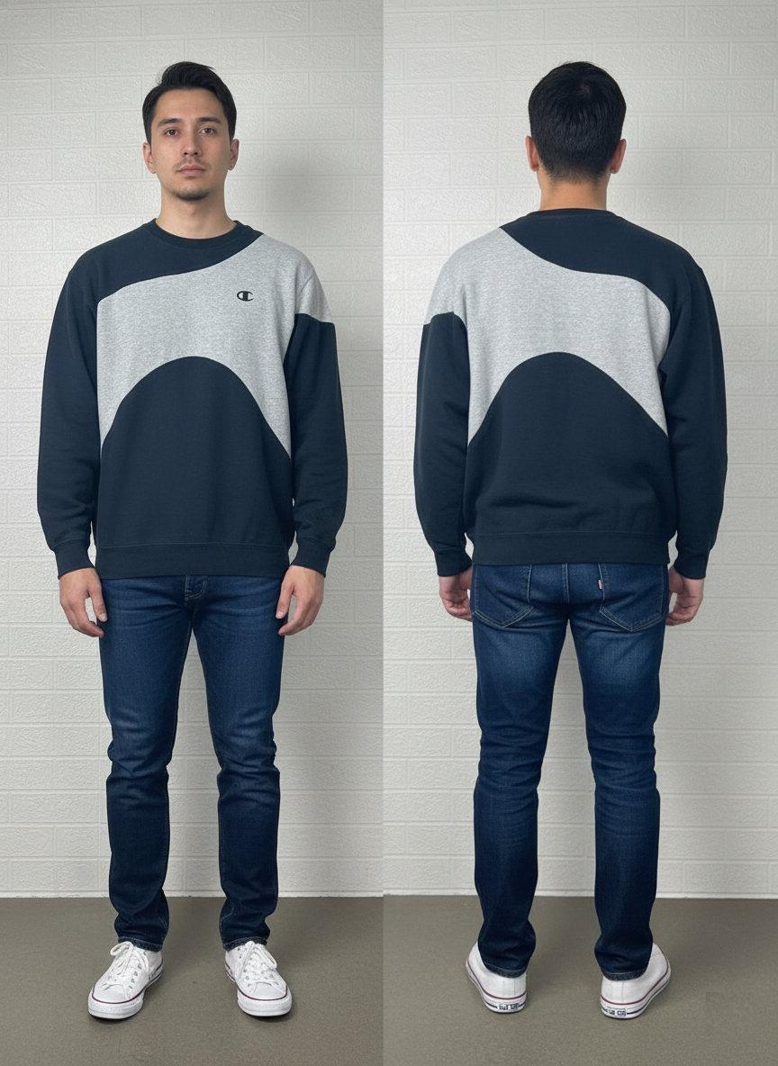 Upcycled Champion Sweatshirt | Grey & Black Color Block Crewneck | Reworked Unisex Streetwear | Sizes S-XL | Sustainable Fashion