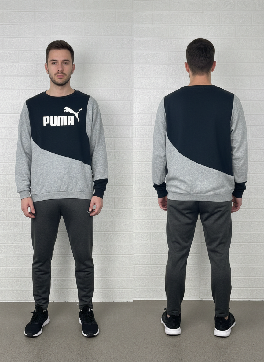 Upcycled Puma Sweatshirt | Grey & Black Patchwork Crewneck | Reworked Sportswear | Unisex Sizes S-XL | Sustainable Streetwear