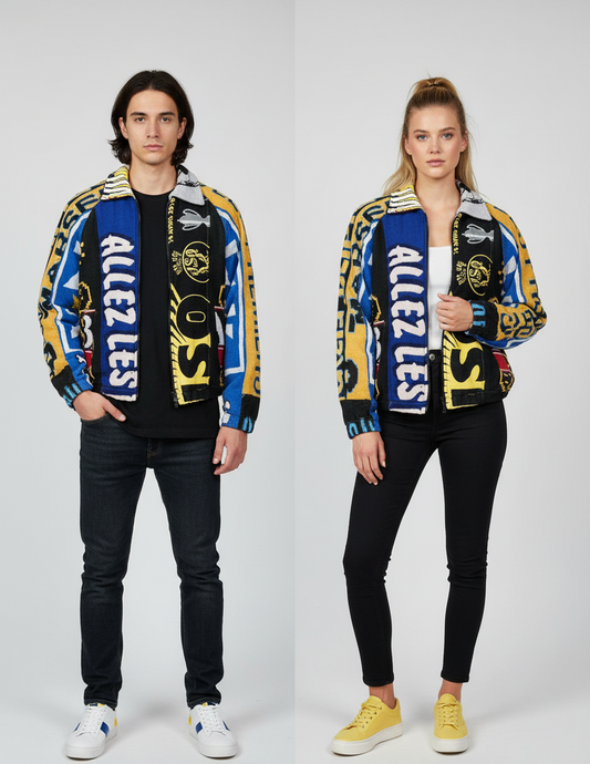 Upcycled Rework Football Scarf Jacket – Handmade Patchwork Streetwear Coat – Soccer Fan Vintage Style – Size Large