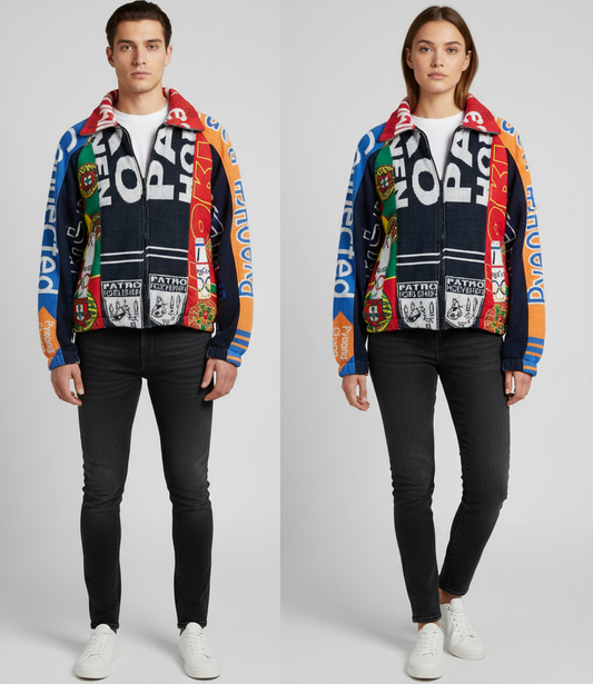 Upcycled Rework Football Scarf Jacket – Handmade Patchwork Streetwear Coat – Soccer Fan Vintage Style – Size Large