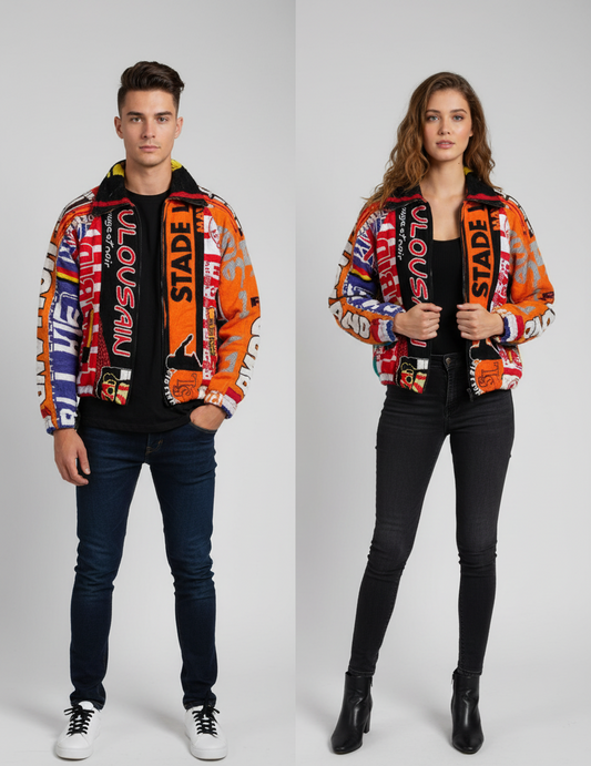Upcycled Rework Football Scarf Jacket – Handmade Patchwork Streetwear Coat – Soccer Fan Vintage Style – Size Large