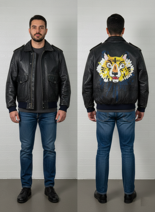 Vintage Black Leather Bomber Jacket | Hand-Painted Tiger Design | Men’s Large