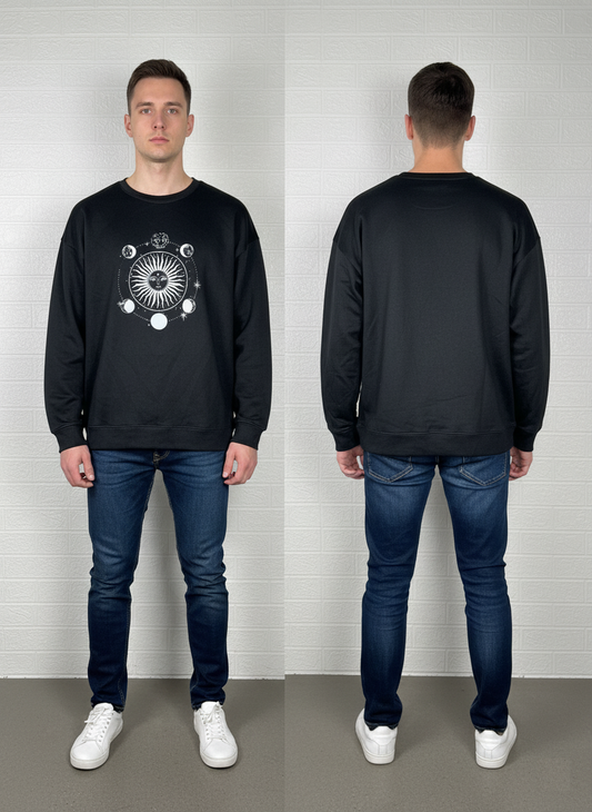 Vintage Black Sun & Moon Sweatshirt Size Large – Celestial Graphic Pullover Unisex