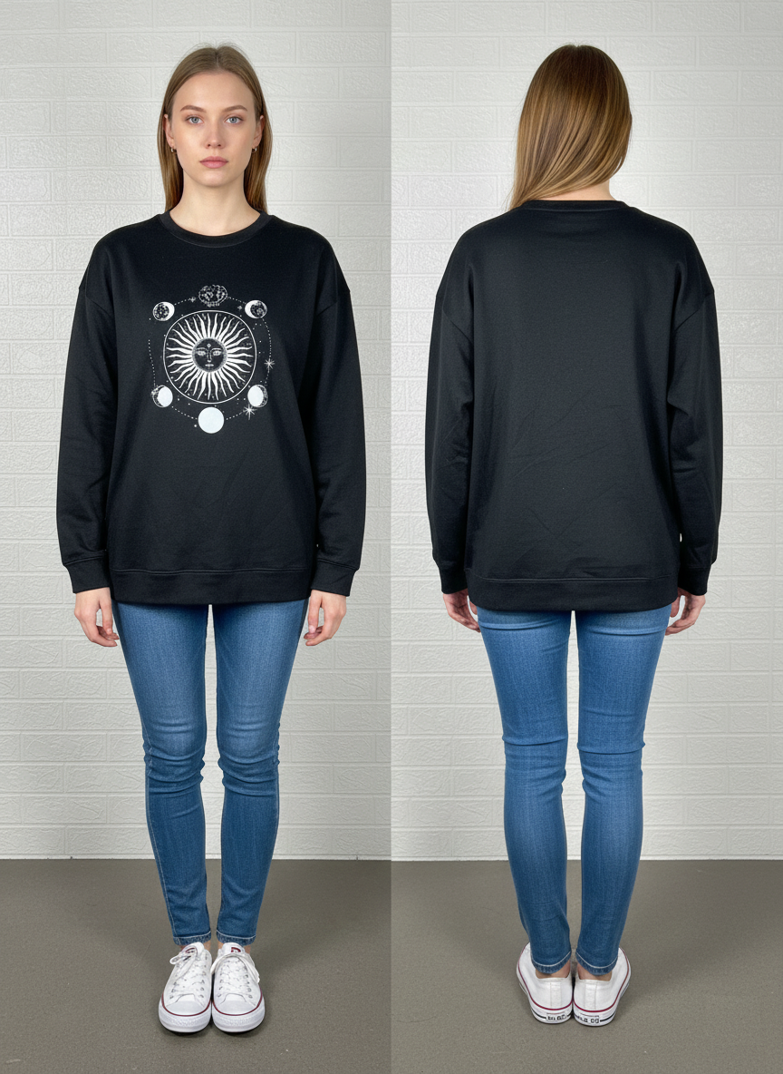 Vintage Black Sun & Moon Sweatshirt Size Large – Celestial Graphic Pullover Unisex