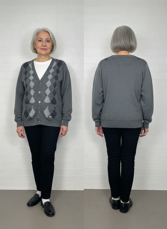 Vintage Burberrys Argyle Knit Cardigan | Gray Wool Blend Sweater | Size Chest 43” / 107 cm