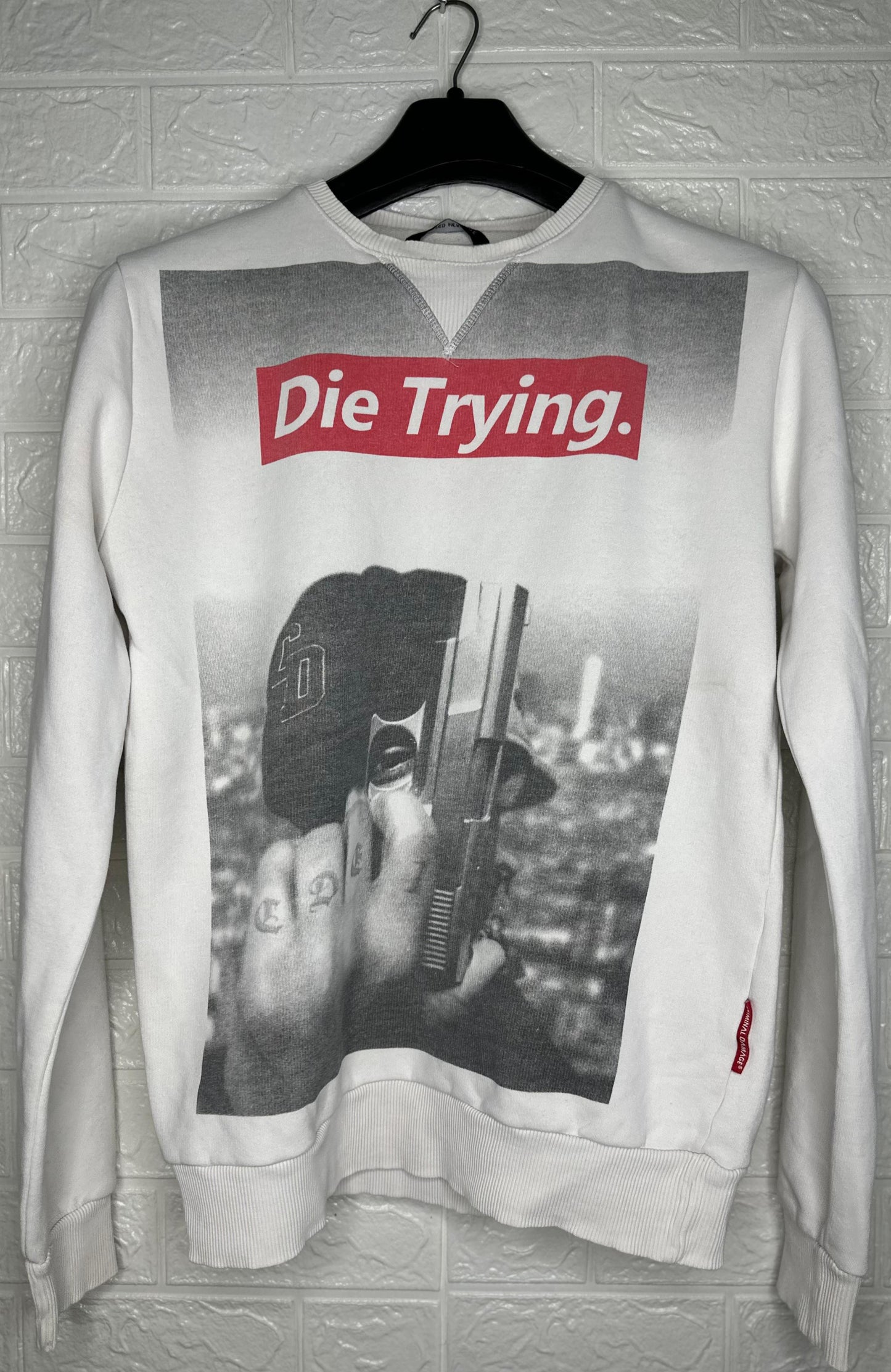 Criminal Damage "Die Trying." Graphic Sweatshirt M - White Urban Streetwear Pullover