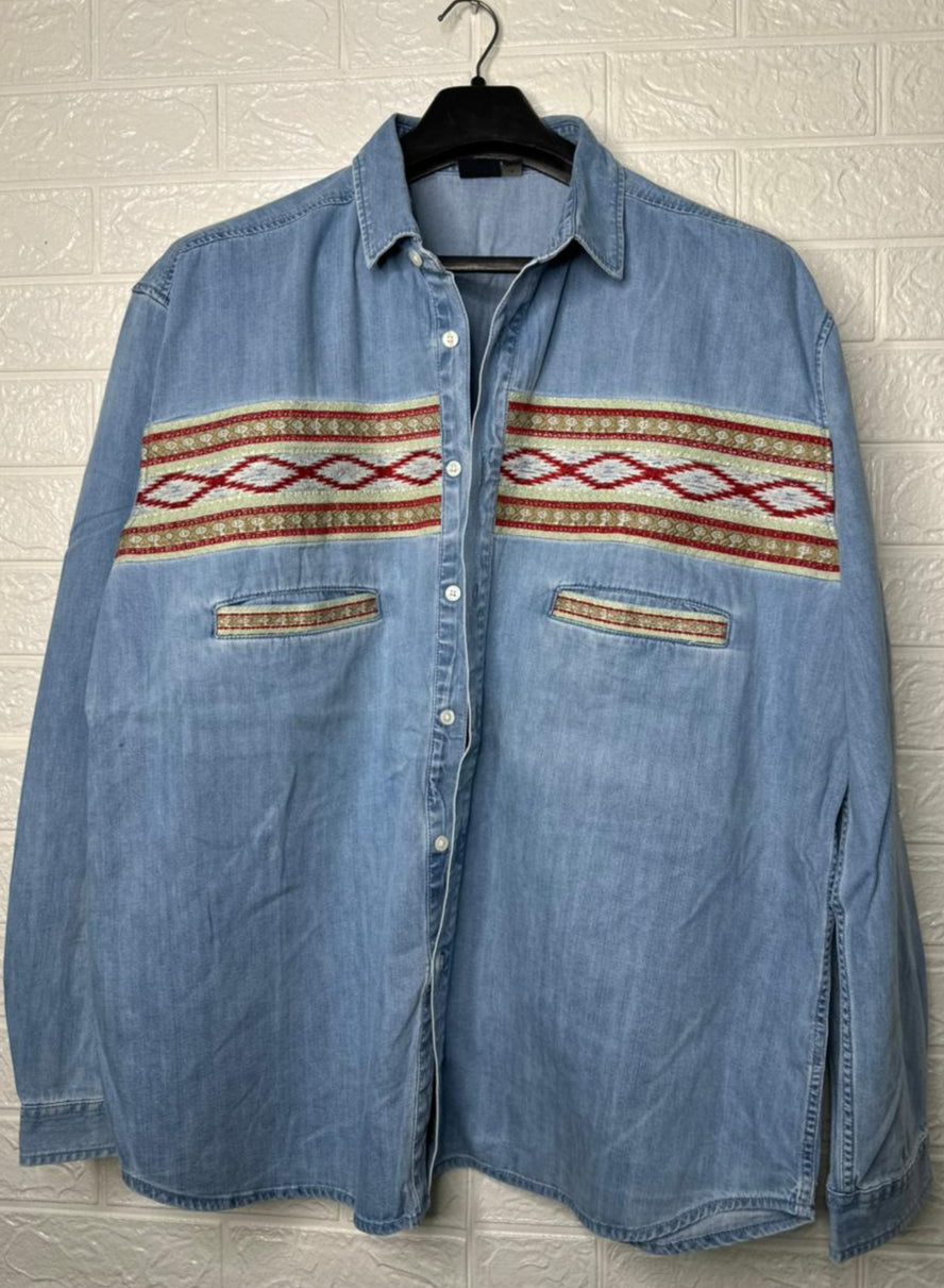 ASOS Men’s Shirt – Blue Denim with Aztec Print Size XL