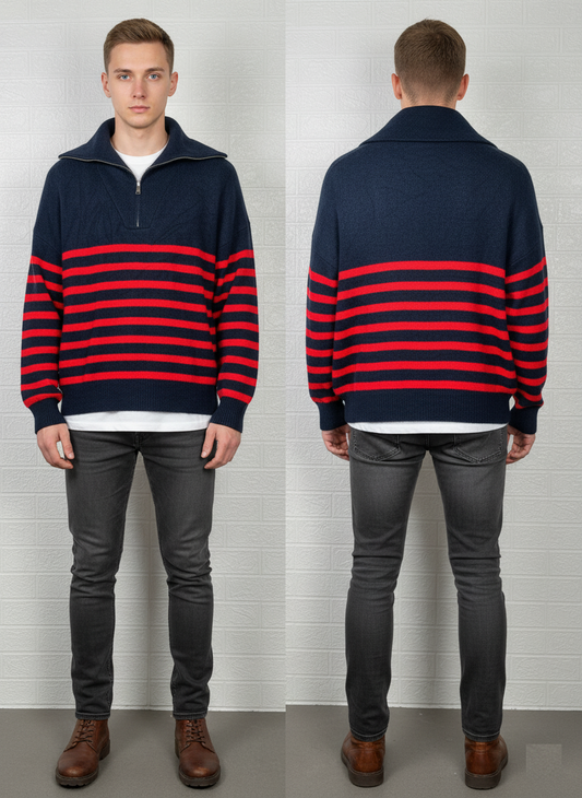 Zara Men's Half-Zip Sweater – Navy Blue & Red Size Large
