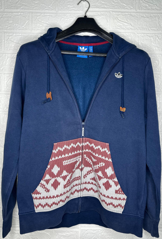 Adidas Originals Zip-Up Hoodie – Navy Blue – Size M – Graphic Pocket Design