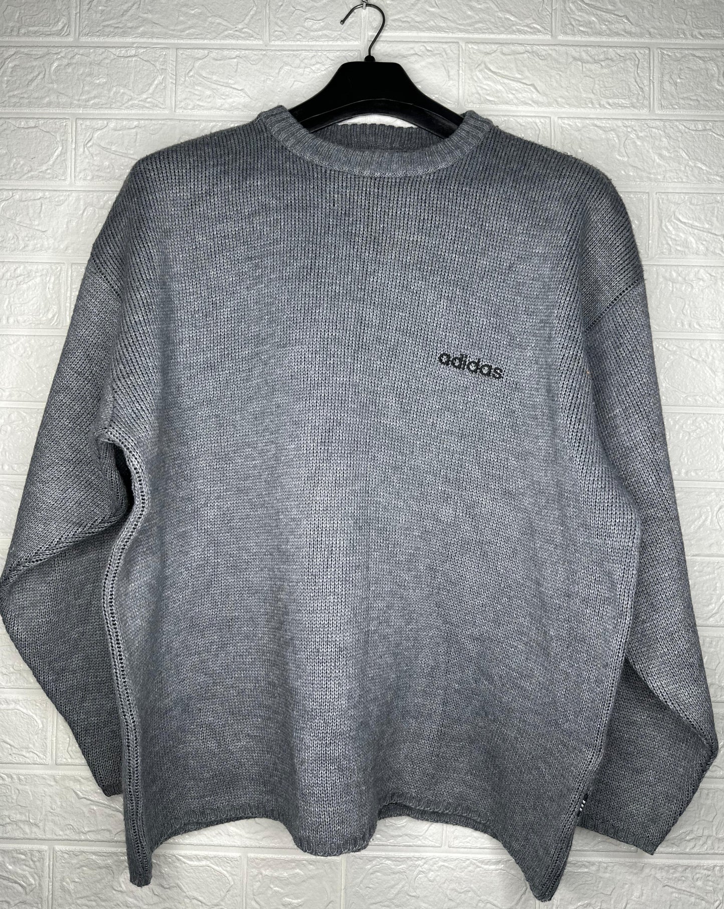 Adidas Knit Sweat Shirt – Grey with Black Sleeve Stripes – Size Large