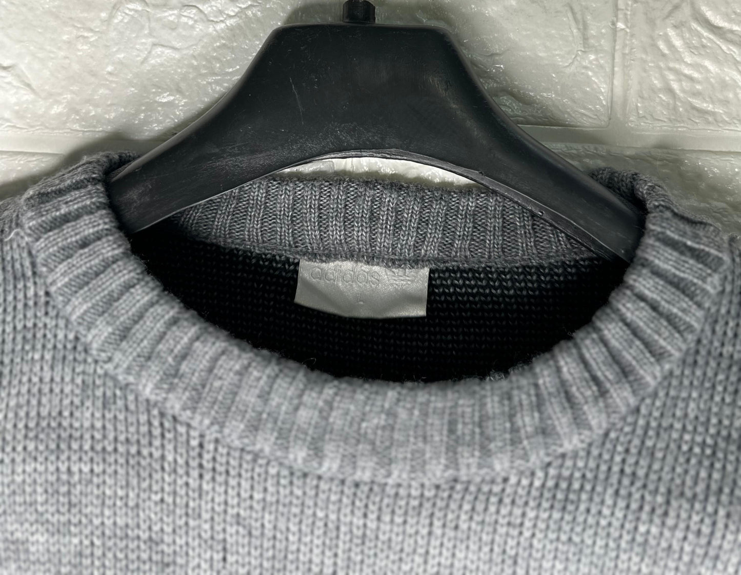 Adidas Knit Sweat Shirt – Grey with Black Sleeve Stripes – Size Large