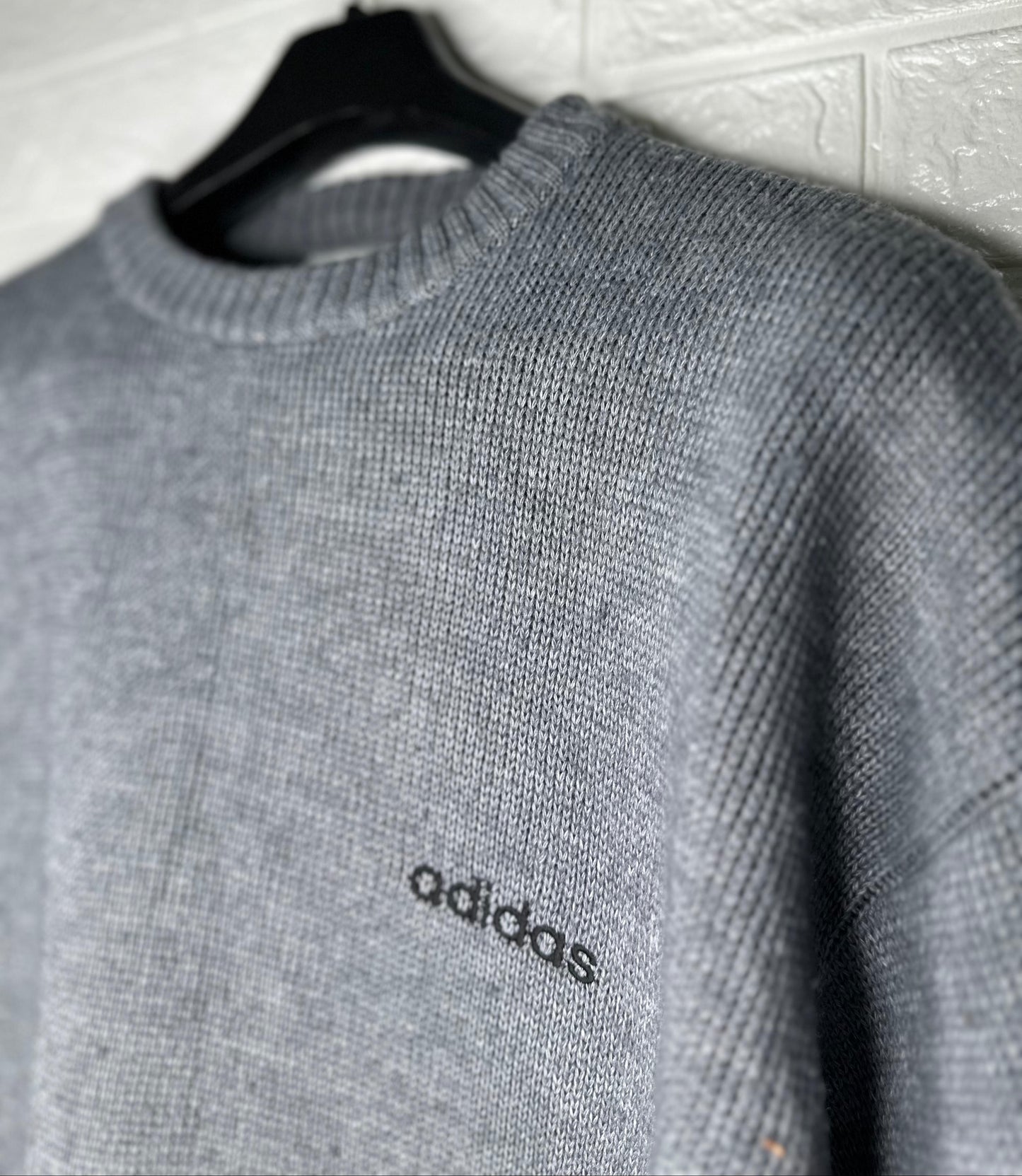 Adidas Knit Sweat Shirt – Grey with Black Sleeve Stripes – Size Large