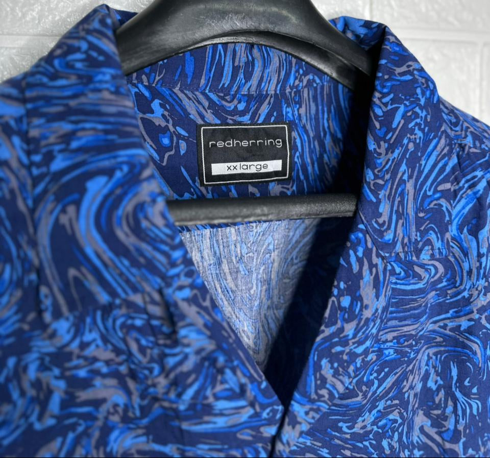 Red Herring Men’s Shirt – Blue Abstract Printed Short Sleeve XXL Size