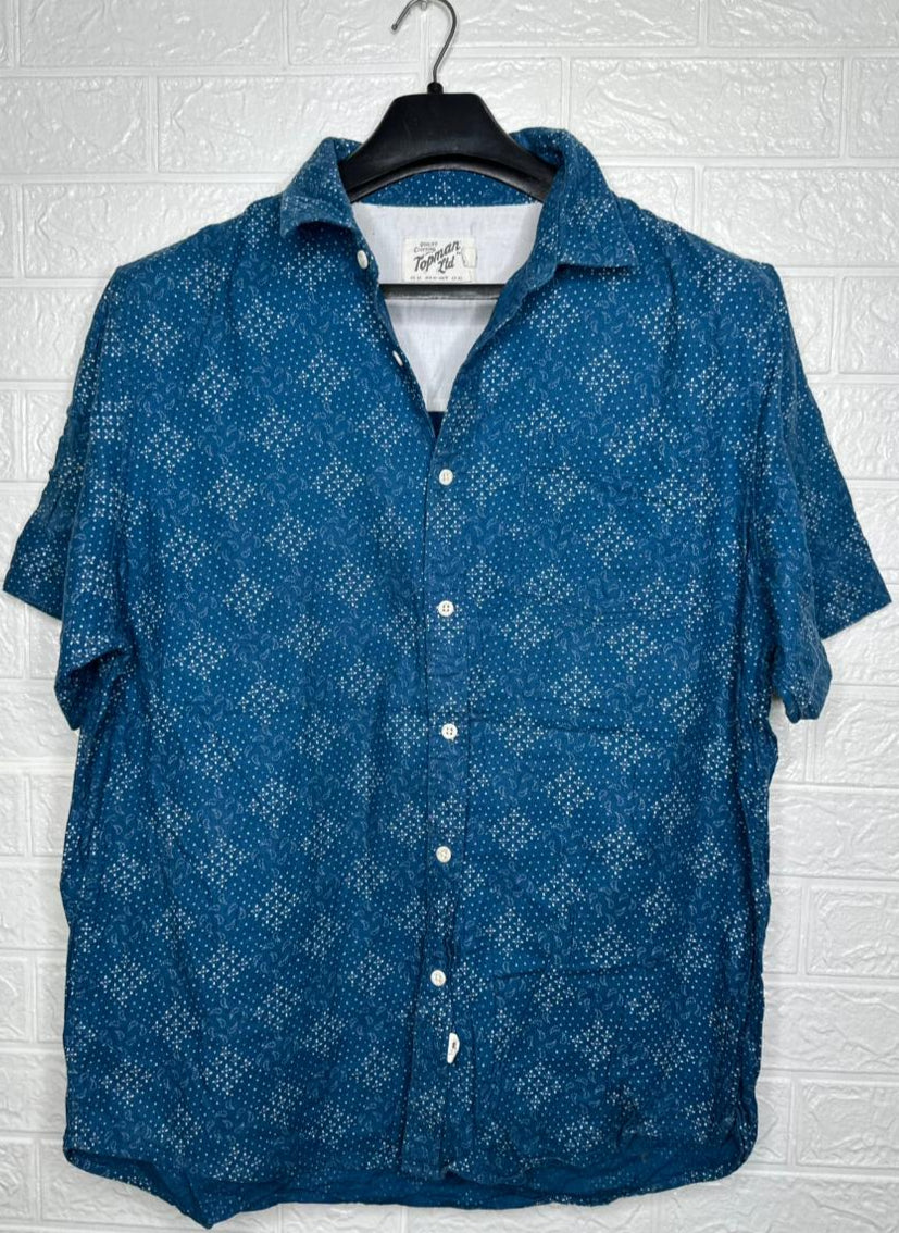 Topman Men’s Casual Shirt XL – Blue Printed Short Sleeve Summer Beachwear