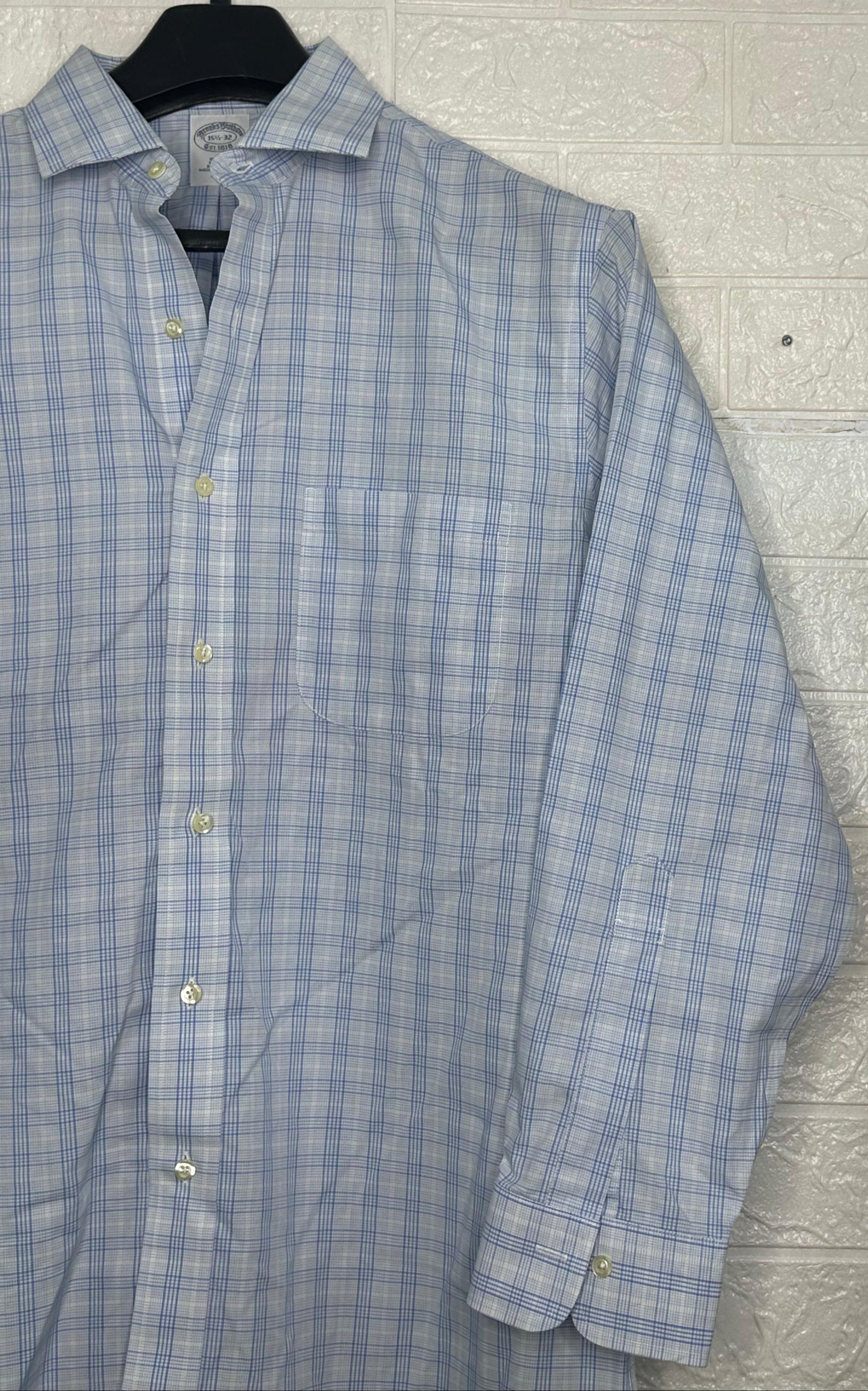 Brooks Brothers 15.5-32 Slim Fit Non-Iron Dress Shirt | Blue Check | 100% Cotton | Made in Malaysia | Formal Business Shirt