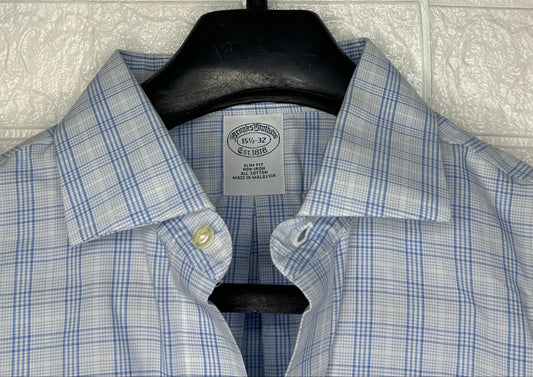 Brooks Brothers 15.5-32 Slim Fit Non-Iron Dress Shirt | Blue Check | 100% Cotton | Made in Malaysia | Formal Business Shirt