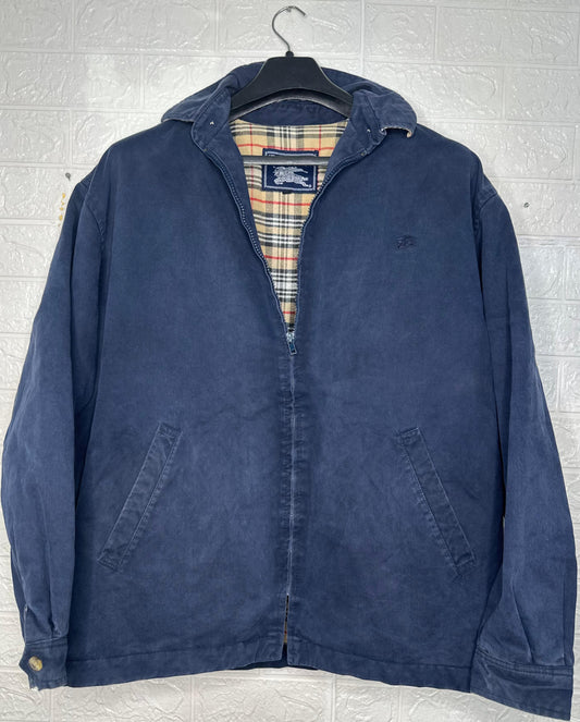 Burberry Men’s Navy Blue Jacket – Vintage Harrington Style with Nova Check Lining, Size Large