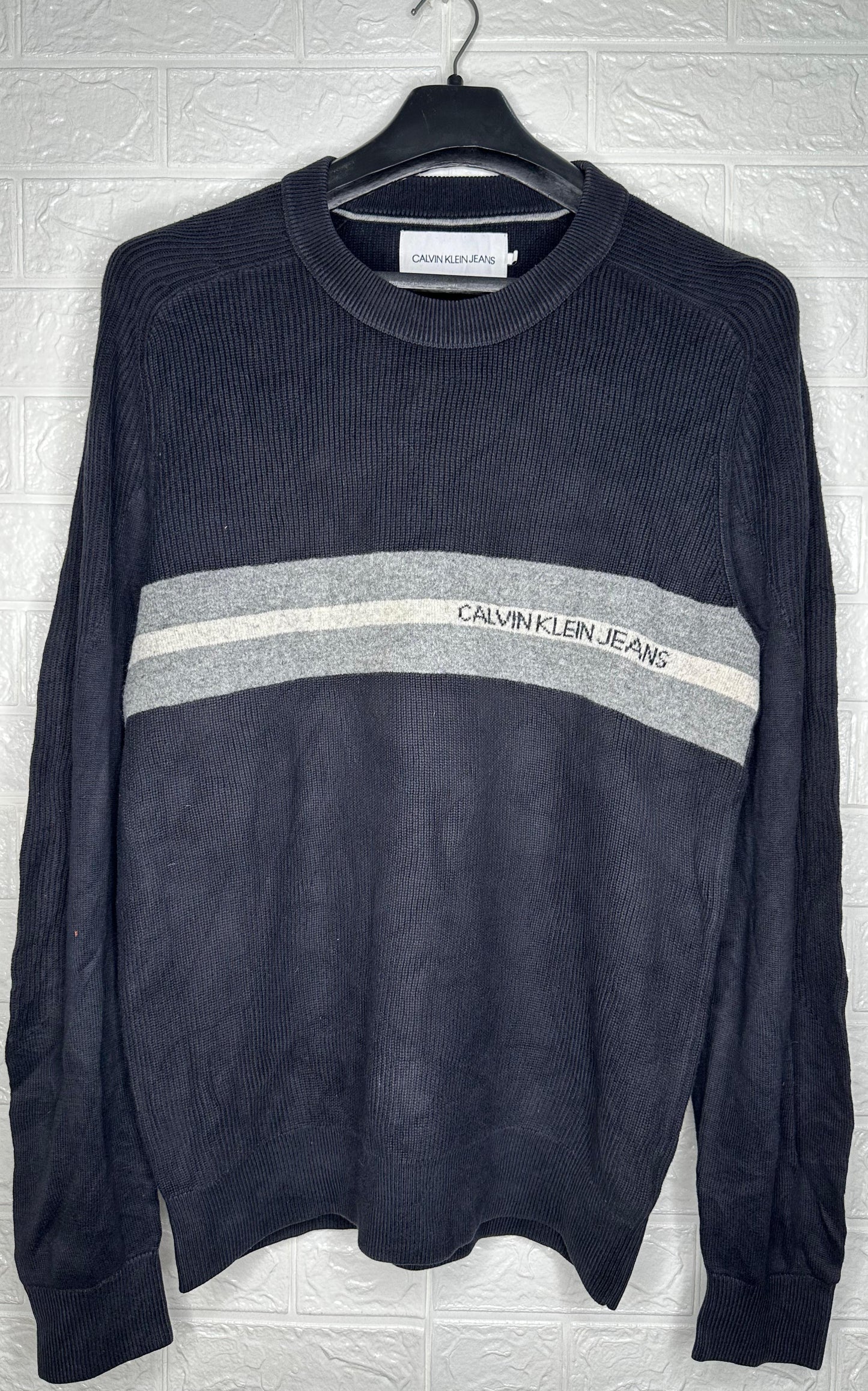 Calvin Klein Jeans Striped Crewneck Sweater L - Black & Grey Ribbed Pullover