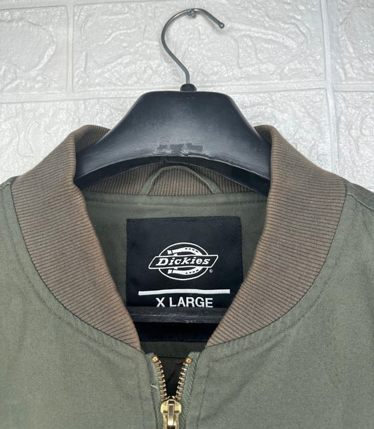 Preloved Dickies Men’s Bomber Jacket – Olive Green Workwear Style, Size X-Large