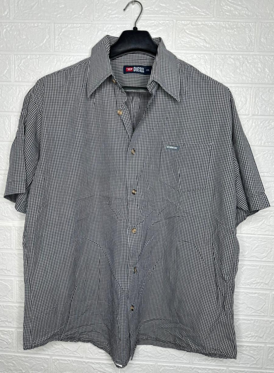 Diesel Men’s Shirt – Gray Checkered Short Sleeve Casual Wear