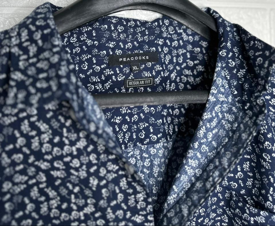Peacocks Men's Shirt - Blue Floral Printed Long Sleeve Casual Wear