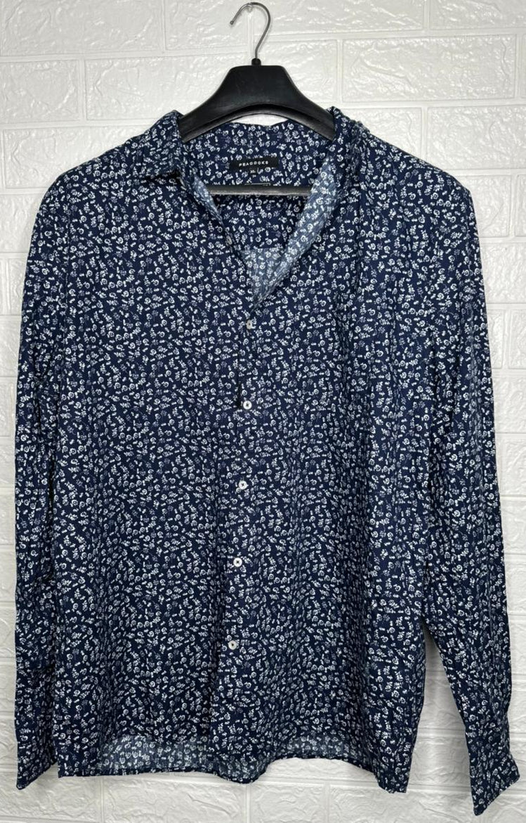 Peacocks Men's Shirt - Blue Floral Printed Long Sleeve Casual Wear