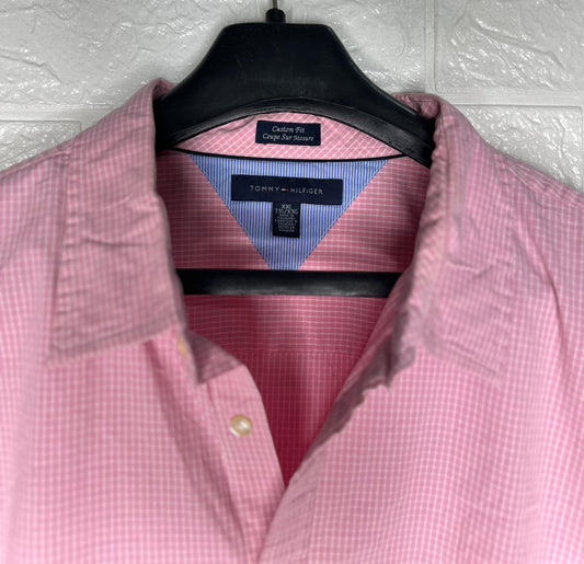 Preloved Tommy Hilfiger Men’s Pink Checked Shirt – Custom Fit, Size XXL