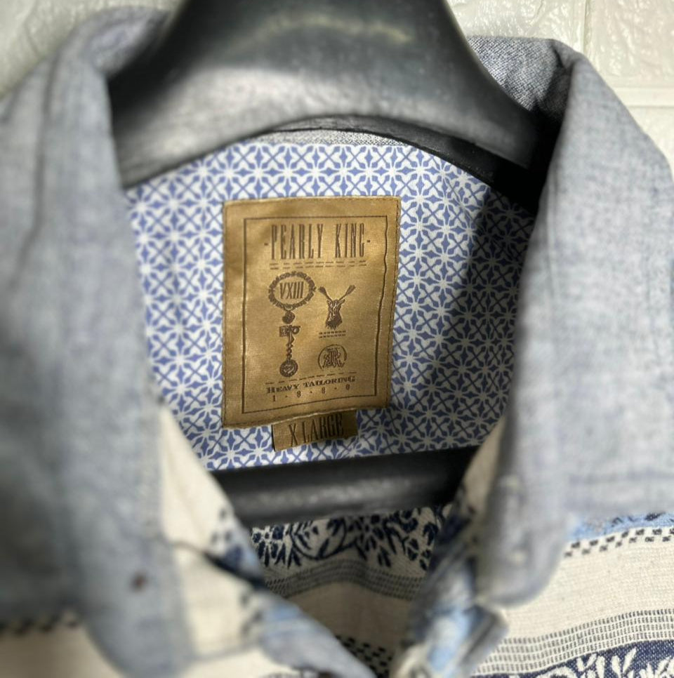 Pearly King Men’s Shirt – Blue Printed Long Sleeve Casual Wear