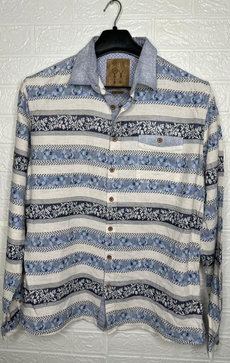 Pearly King Men’s Shirt – Blue Printed Long Sleeve Casual Wear