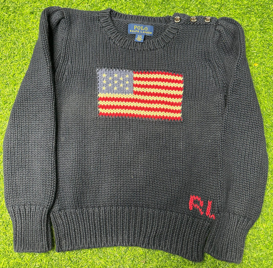 Polo Ralph Lauren Toddler USA Flag Sweater | Size 4/4T | Navy Blue Knit Pullover with Shoulder Buttons | Classic Americana Style | Pre-Owned