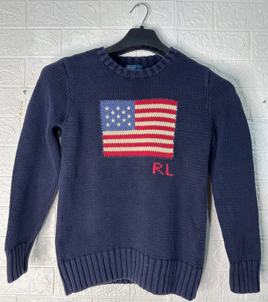Polo Ralph Lauren Flag Sweater | Size M (10-12) | USA Flag Knit Pullover | Navy Cotton Crewneck | Y2K Preppy Americana Style | Pre-Owned