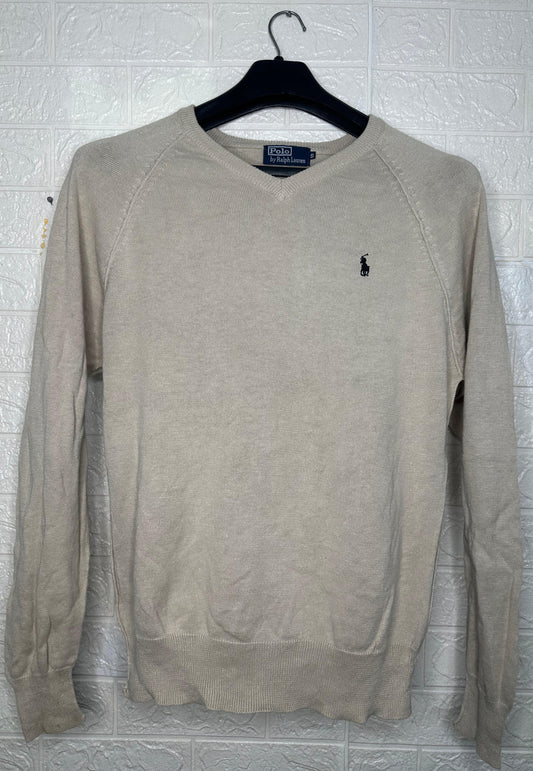 Polo Ralph Lauren V-Neck Sweater | Beige Knit Jumper | Size Small | Classic Polo Pullover