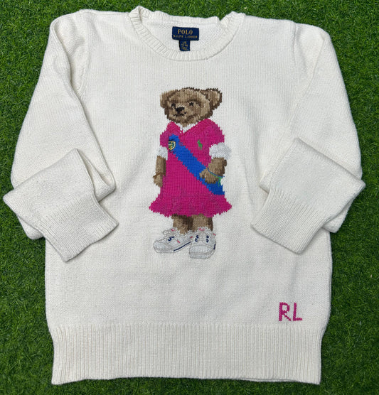 Ralph Lauren Polo Bear Sweater | Size L/G (12–14) | White Knit Pullover | Iconic Preppy Style | Vintage Y2K Polo Bear Crewneck | Pre-Owned