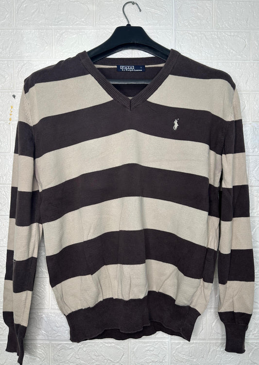 Polo Ralph Lauren Men’s V-Neck Striped Sweater – Brown/Beige, Size Large