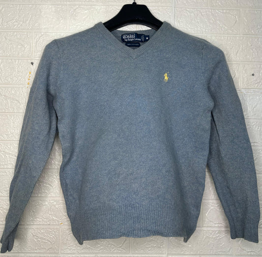 Polo Ralph Lauren V-Neck Sweater | 100% Lambswool | Gray Knit Jumper | Men’s Size M