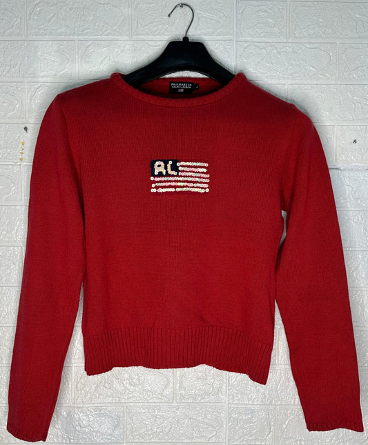 Vintage Polo Jeans Co. Ralph Lauren Flag Sweater | Women’s Size Large | Red Knit Sequin Pullover | Y2K Americana Style | RL USA Sweater