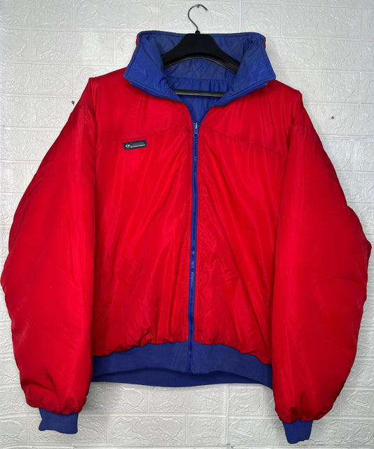Columbia Vintage Red Puffer Jacket – Blue Trim Winter Coat, Size XL