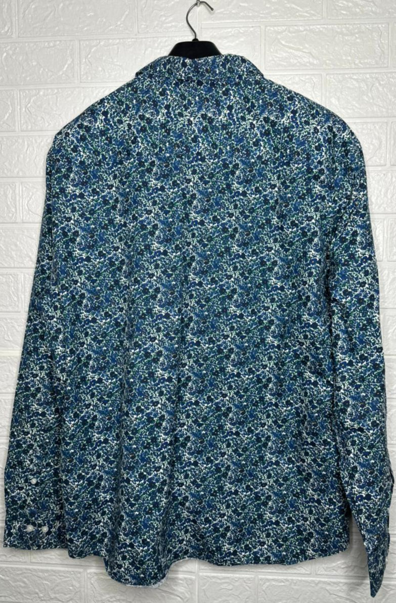 M&S Men’s Shirt – Blue Floral Printed Long Sleeve Casual Wear Size 2XL