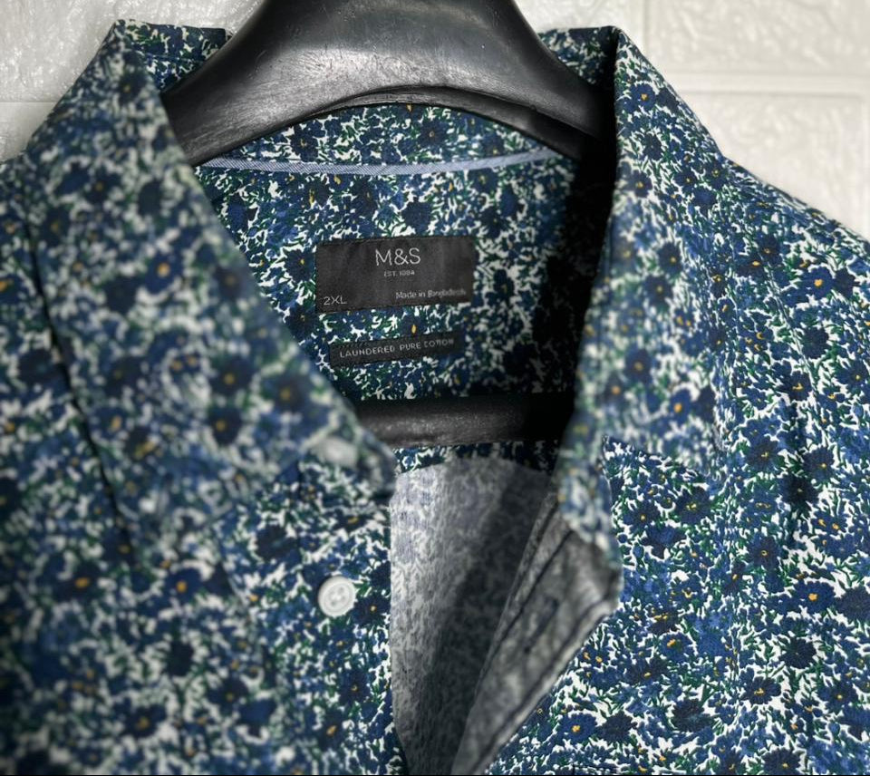 M&S Men’s Shirt – Blue Floral Printed Long Sleeve Casual Wear Size 2XL