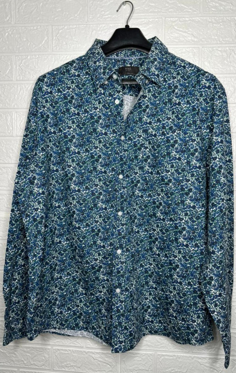 M&S Men’s Shirt – Blue Floral Printed Long Sleeve Casual Wear Size 2XL