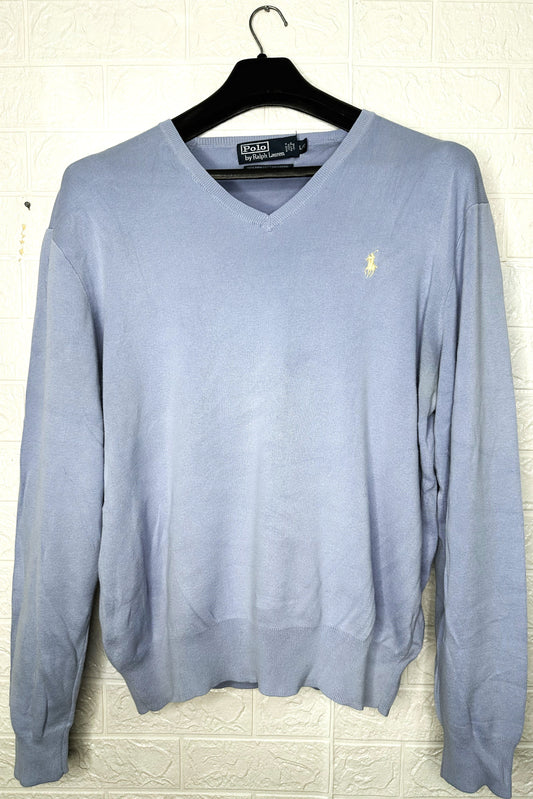 Polo Ralph Lauren Men’s V-Neck Cotton Sweater – Sky Blue, Size Large