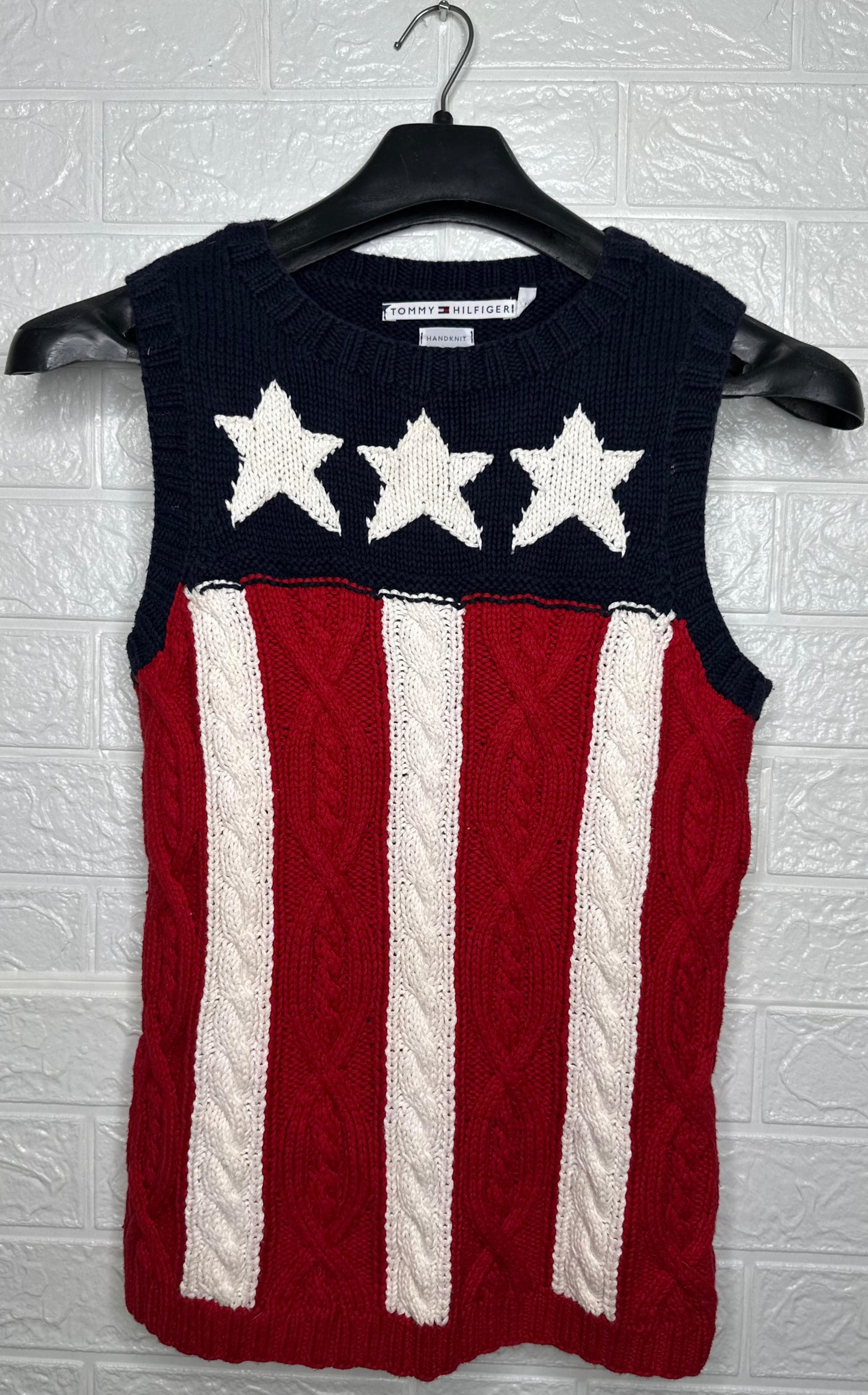 Tommy Hilfiger Handknit American Flag Sweater Vest M - Red White Blue Knitted Top